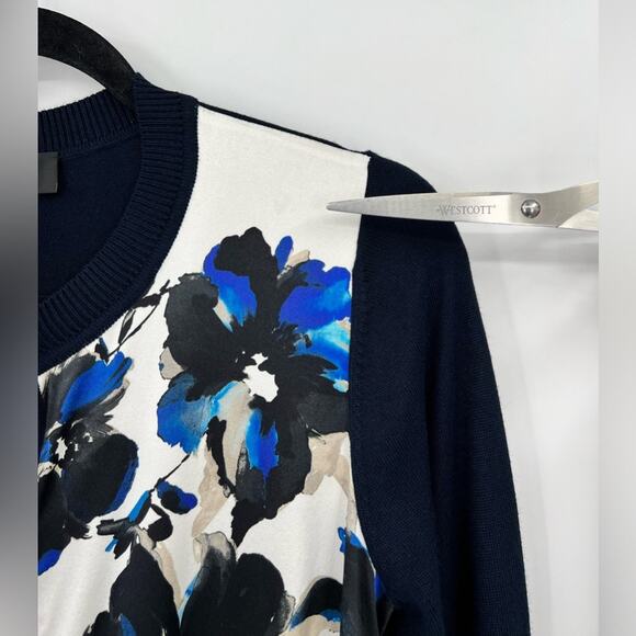 St. John Floral Cardigan Sweater Wool Cashmere Silk Buttons Navy Blue Petite 2 - Picture 11 of 12